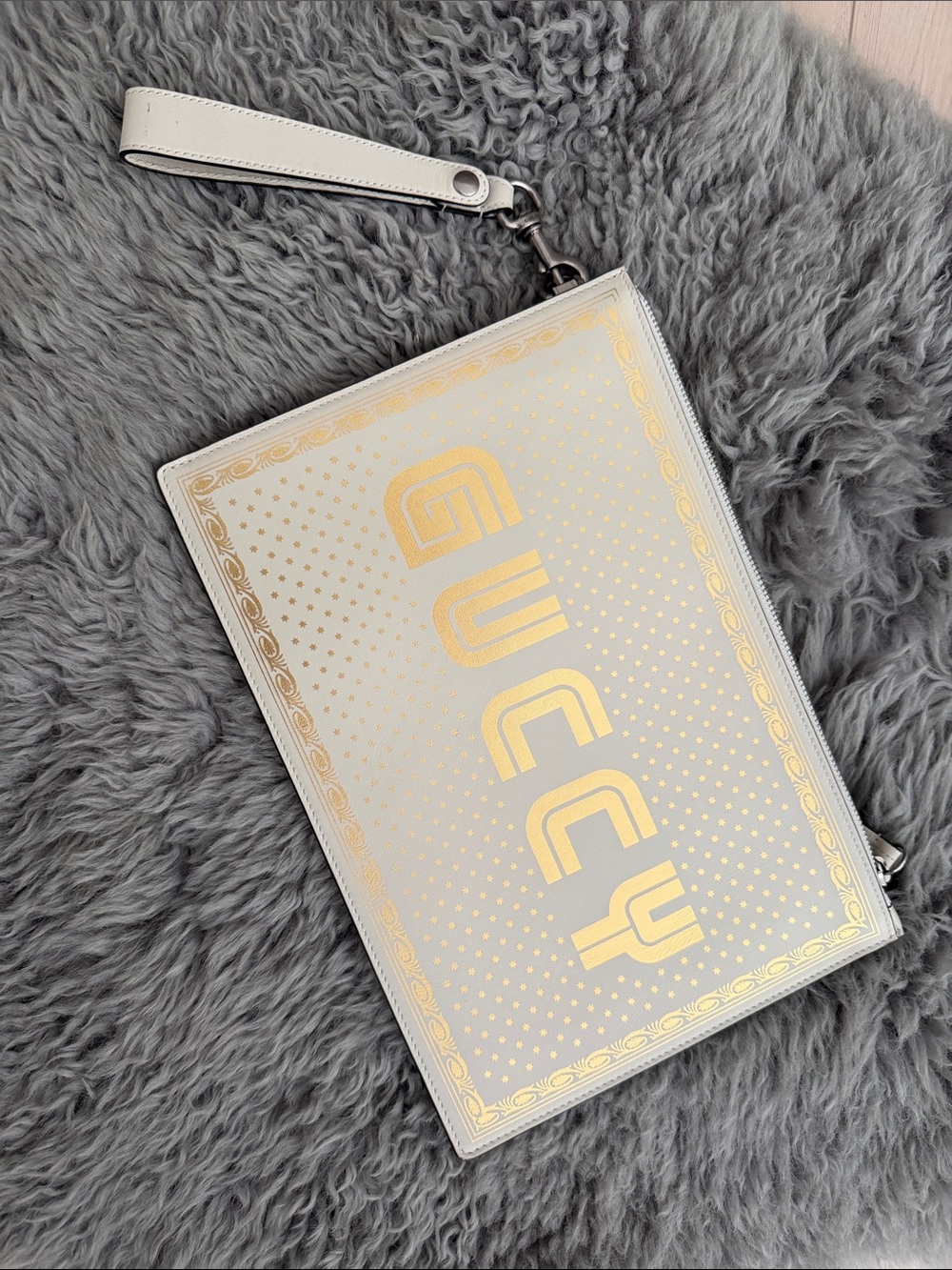 Gucci White Wristlet Clutch with Gold Logo Print